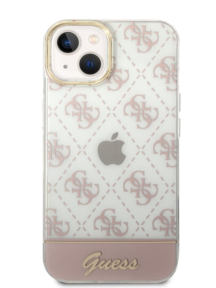 Guess Pink iPhone 14 Plus Case Iml Electroplated 4G Pattern Bottom Stripe Script Logo - Image 1 of 8