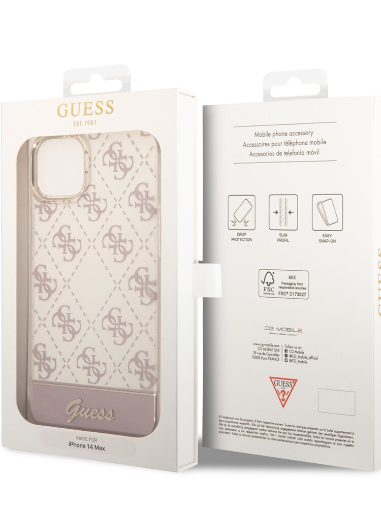 Guess Pink iPhone 14 Plus Case Iml Electroplated 4G Pattern Bottom Stripe Script Logo - Image 8 of 8