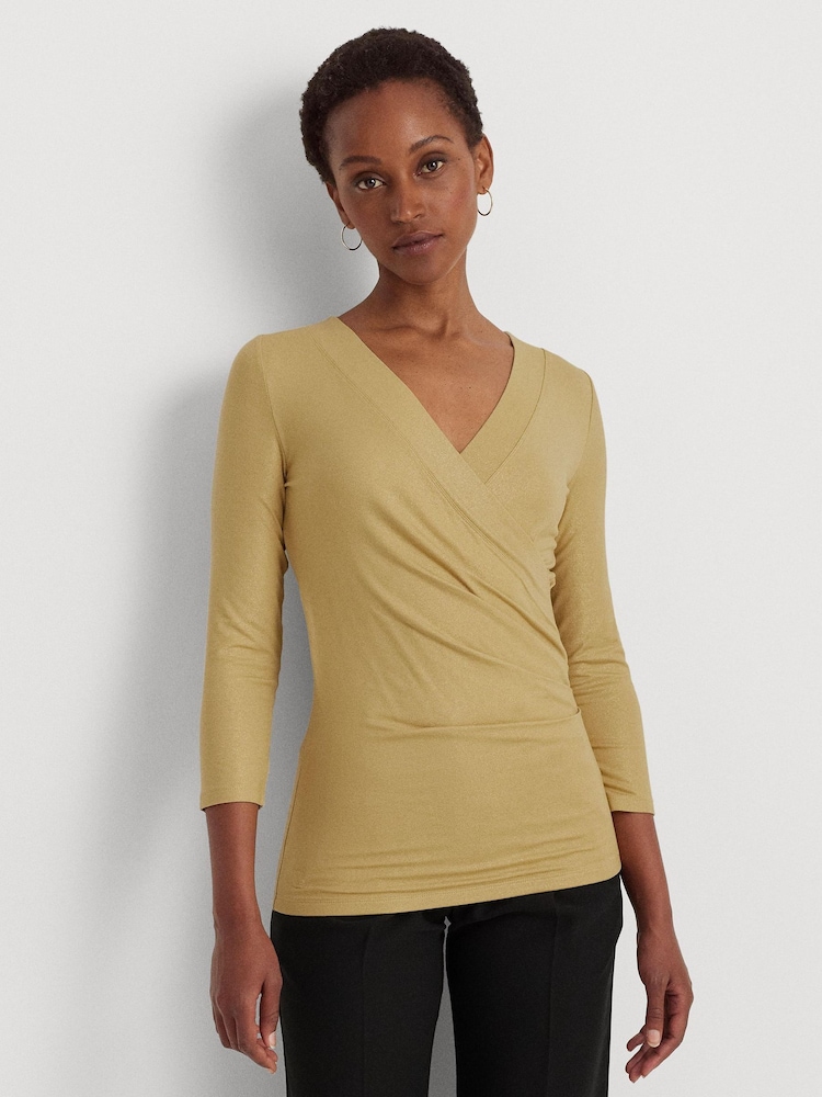 Lauren Ralph Lauren Yellow Metallic Jersey Surplice Top - Image 1 of 9