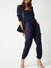 Navy Blue Satin Mix Jersey Parachute Cargo Trousers - Image 1 of 6