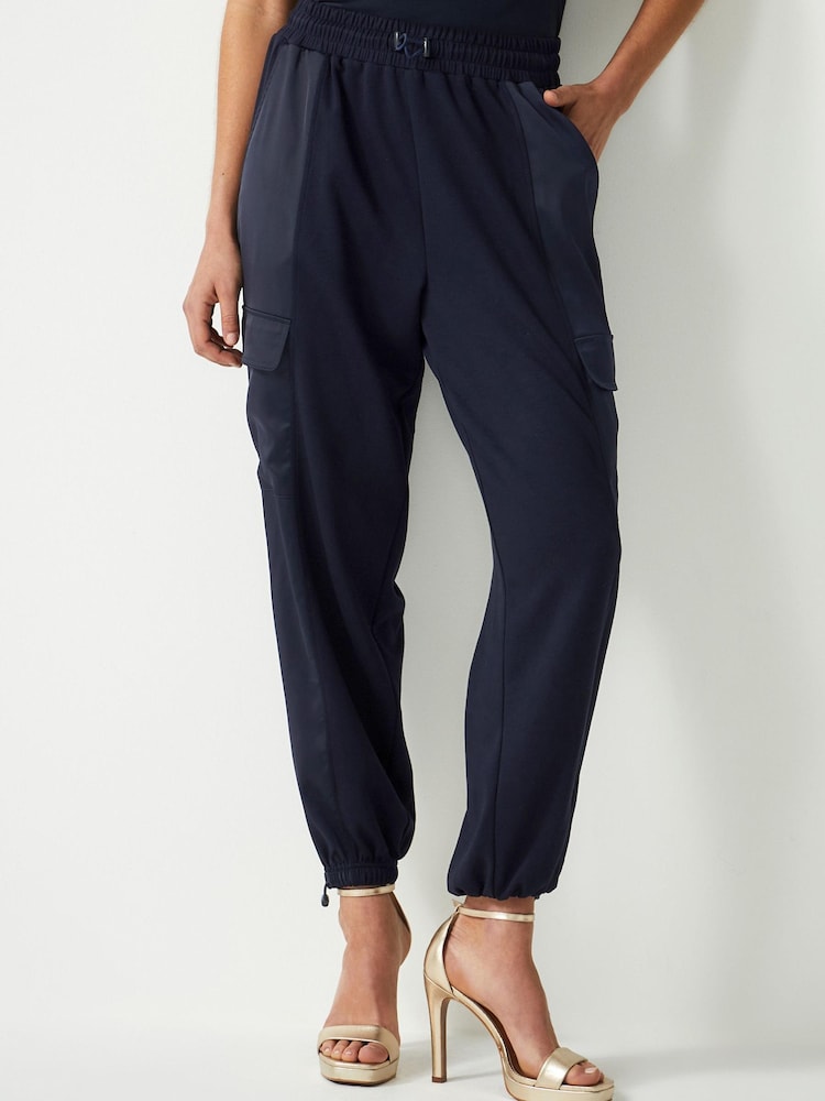 Navy Blue Satin Mix Jersey Parachute Cargo Trousers - Image 2 of 6