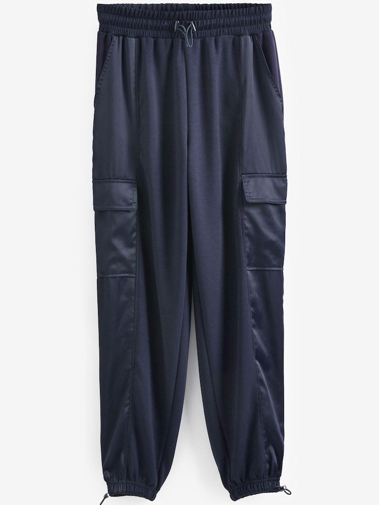 Navy Blue Satin Mix Jersey Parachute Cargo Trousers - Image 6 of 6
