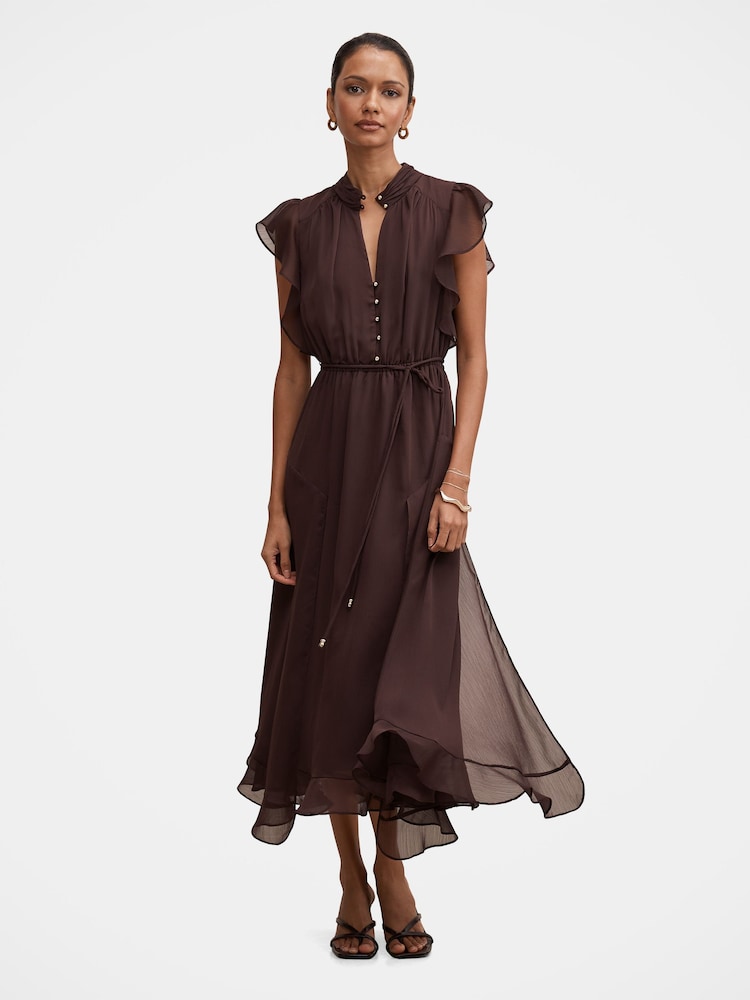 Forever New Brown Maxwell Petite Flutter Sleeves Midi Dress - Image 1 of 4