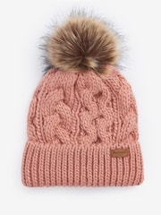 Barbour® Pink Penshaw Cable Knit Faux Fur Pom Beanie Logo Hat - Image 1 of 3