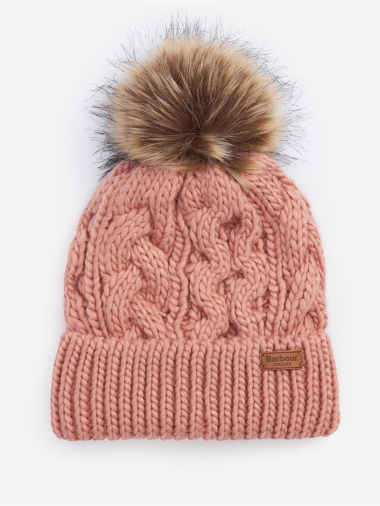 Barbour® Pink Penshaw Cable Knit Faux Fur Pom Beanie Logo Hat - Image 1 of 3