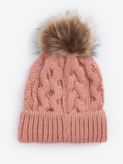 Barbour® Pink Penshaw Cable Knit Faux Fur Pom Beanie Logo Hat - Image 2 of 3