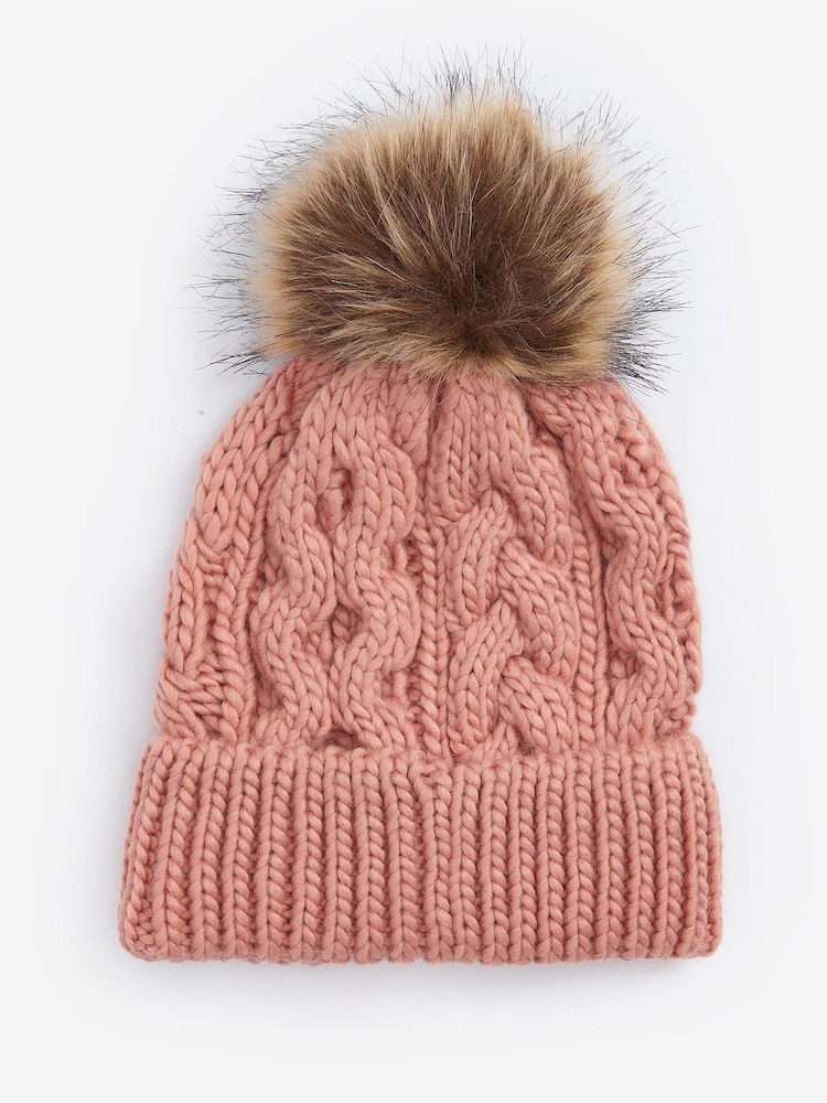 Barbour® Pink Penshaw Cable Knit Faux Fur Pom Beanie Logo Hat - Image 2 of 3