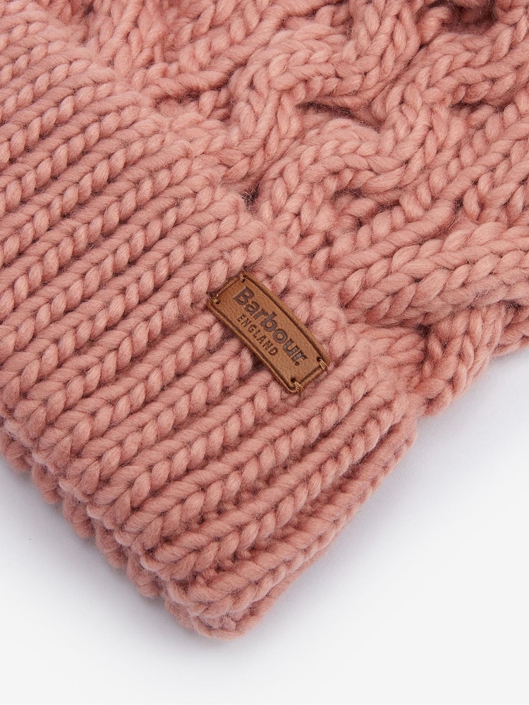 Barbour® Pink Penshaw Cable Knit Faux Fur Pom Beanie Logo Hat - Image 3 of 3