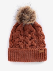 Barbour® Rust Brown Penshaw Cable Knit Faux Fur Pom Beanie Logo Hat - Image 1 of 3