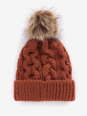 Barbour® Rust Brown Penshaw Cable Knit Faux Fur Pom Beanie Logo Hat - Image 2 of 3