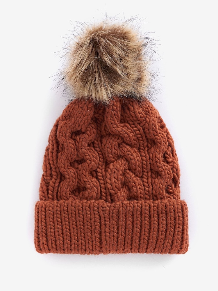 Barbour® Rust Brown Penshaw Cable Knit Faux Fur Pom Beanie Logo Hat - Image 2 of 3