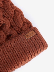 Barbour® Rust Brown Penshaw Cable Knit Faux Fur Pom Beanie Logo Hat - Image 3 of 3