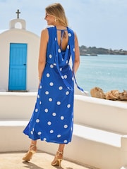 Sosandar Blue Spot Print Cowl Back Fit & Flare Maxi Dress - Image 2 of 5