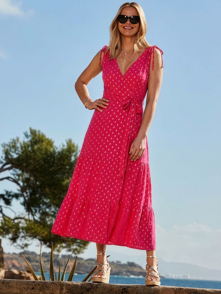 Sosandar Pink Metallic Fleck Print Tie Waist Wrap Midaxi Dress - Image 1 of 4 Sosandar Pink Metallic Fleck Print Tie Waist Wrap Midaxi Dress - Image 1 of 4