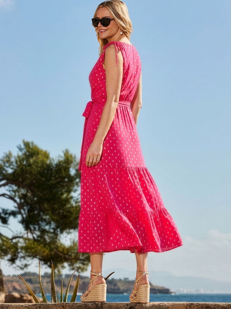 Sosandar Pink Metallic Fleck Print Tie Waist Wrap Midaxi Dress - Image 2 of 4 Sosandar Pink Metallic Fleck Print Tie Waist Wrap Midaxi Dress - Image 2 of 4