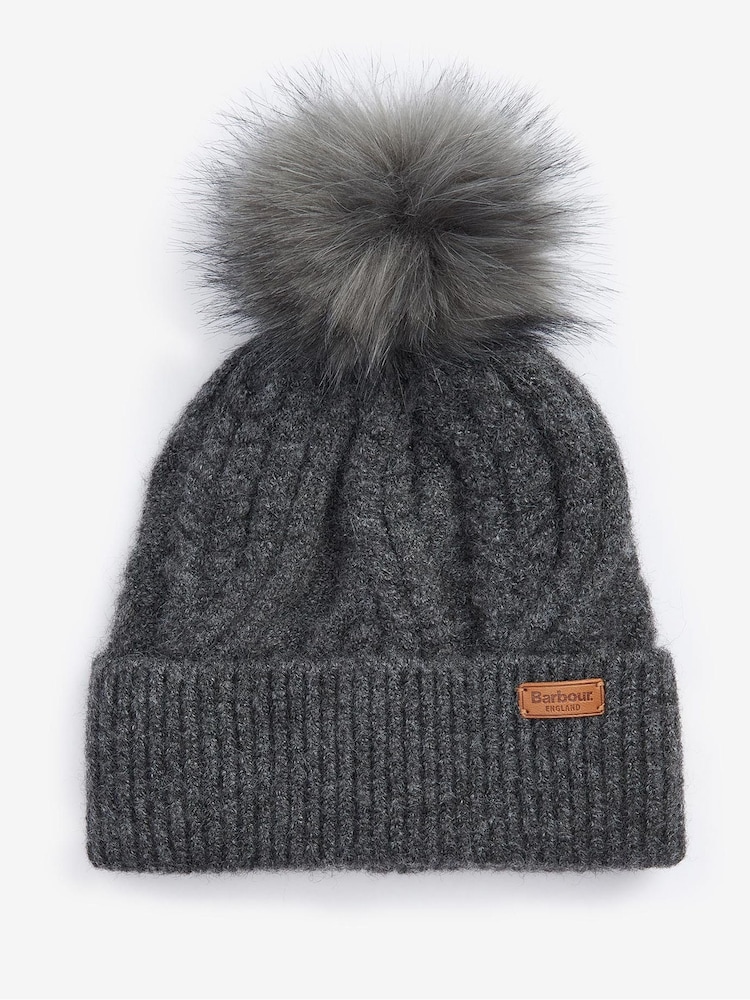 Barbour® Dark Grey Cable Knit Faux Fur Pom Beanie Logo Hat - Image 1 of 4