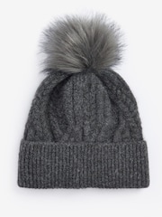 Barbour® Dark Grey Cable Knit Faux Fur Pom Beanie Logo Hat - Image 2 of 4