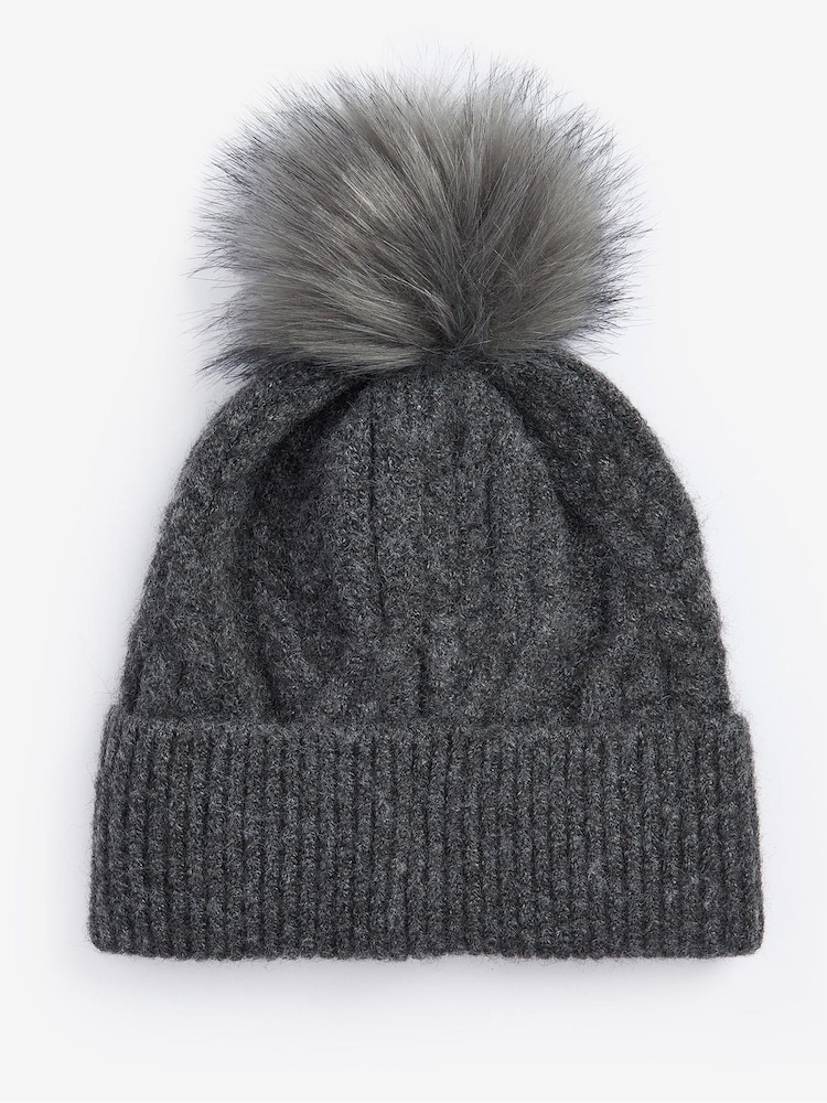 Barbour® Dark Grey Cable Knit Faux Fur Pom Beanie Logo Hat - Image 2 of 4