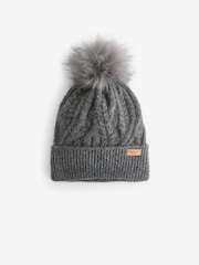 Barbour® Dark Grey Cable Knit Faux Fur Pom Beanie Logo Hat - Image 3 of 4