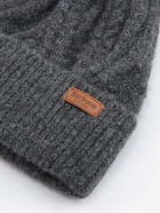 Barbour® Dark Grey Cable Knit Faux Fur Pom Beanie Logo Hat - Image 4 of 4