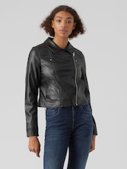 VERO MODA Black Cropped Faux Leather Biker Jacket - Image 1 of 5