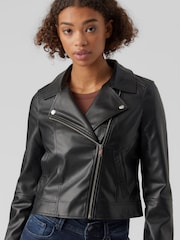 VERO MODA Black Cropped Faux Leather Biker Jacket - Image 4 of 5