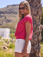 Sosandar Pink Crochet Shirred Hem Keyhole Top With Bead Detail - Image 3 of 4