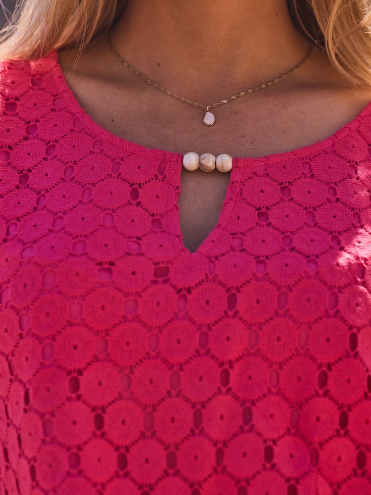 Sosandar Pink Crochet Shirred Hem Keyhole Top With Bead Detail - Image 4 of 4 Sosandar Pink Crochet Shirred Hem Keyhole Top With Bead Detail - Image 4 of 4