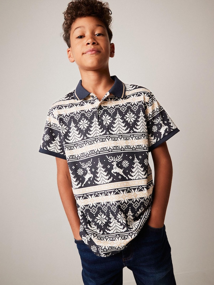 Navy Blue Fairisle Short Sleeve All Over Print Polo Shirt (3-16yrs) - Image 1 of 3