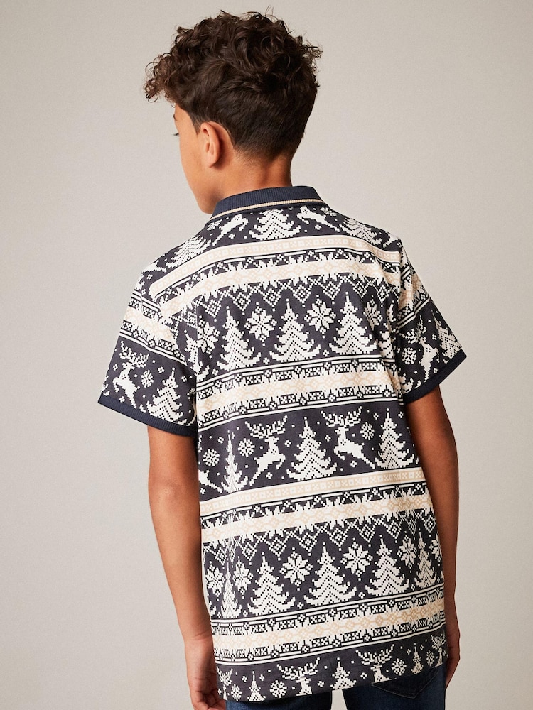Navy Blue Fairisle Short Sleeve All Over Print Polo Shirt (3-16yrs) - Image 2 of 3