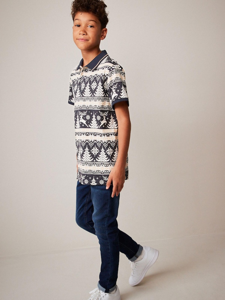 Navy Blue Fairisle Short Sleeve All Over Print Polo Shirt (3-16yrs) - Image 3 of 3