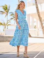 Sosandar Blue Abstract Print Shirred Waist Faux Wrap Midi Dress - Image 1 of 4