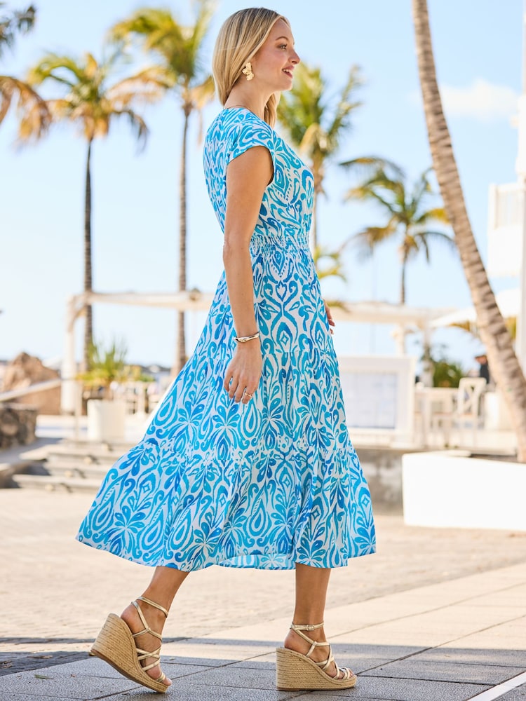 Sosandar Blue Abstract Print Shirred Waist Faux Wrap Midi Dress - Image 2 of 4 Sosandar Blue Abstract Print Shirred Waist Faux Wrap Midi Dress - Image 2 of 4