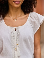 Sosandar White Dobby Lace Insert Tie Neck Top - Image 4 of 5
