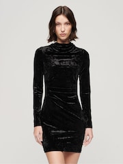 Superdry Black 100% Cotton Velvet Long Sleeved Mini Dress - Image 1 of 8