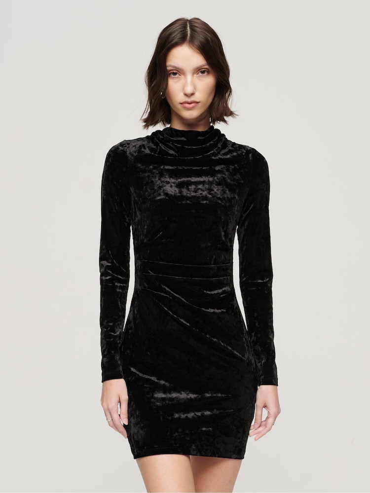 Superdry Black 100% Cotton Velvet Long Sleeved Mini Dress - Image 1 of 8