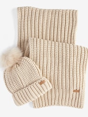 Barbour® Natural Saltburn Cable Knit Pom Beanie Hat and Scarf Boxed Gift Set - Image 1 of 5