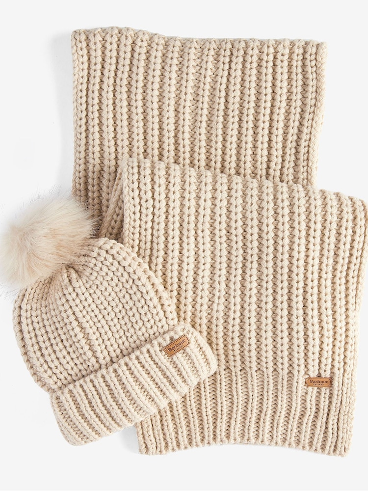 Barbour® Natural Saltburn Cable Knit Pom Beanie Hat and Scarf Boxed Gift Set - Image 1 of 5