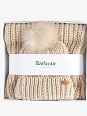 Barbour® Natural Saltburn Cable Knit Pom Beanie Hat and Scarf Boxed Gift Set - Image 5 of 5