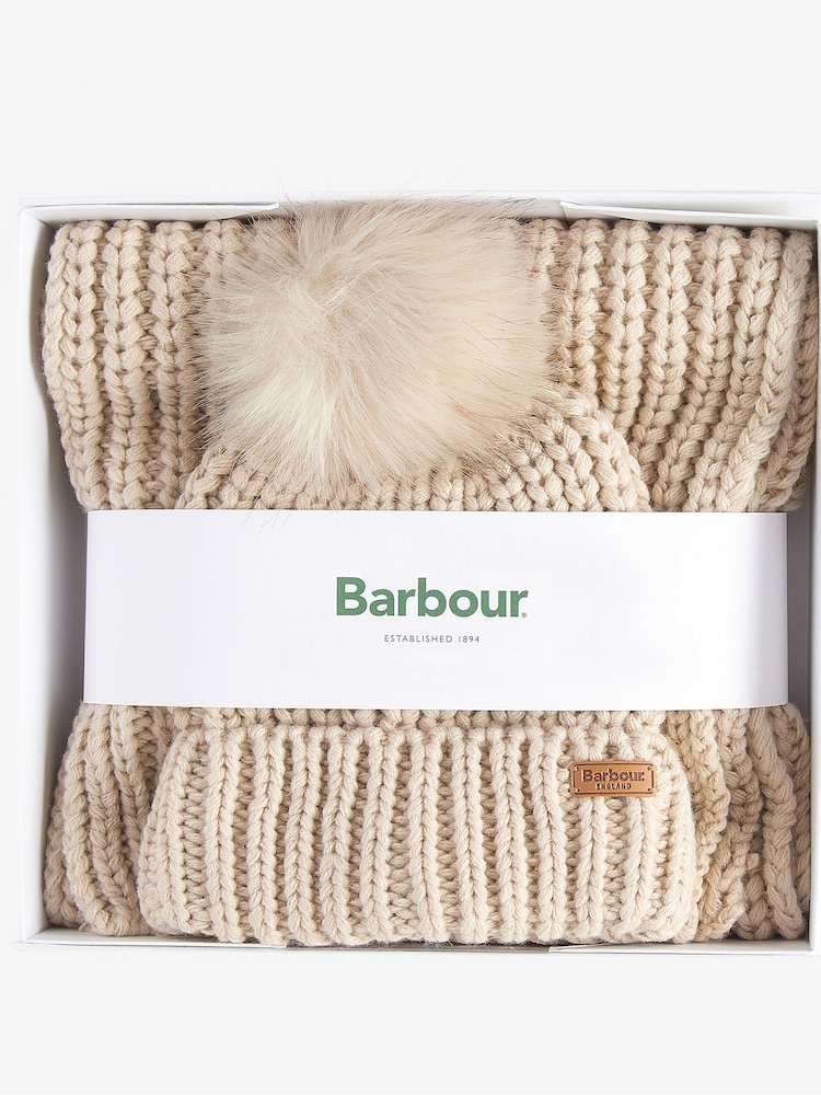 Barbour® Natural Saltburn Cable Knit Pom Beanie Hat and Scarf Boxed Gift Set - Image 5 of 5