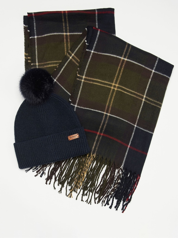 Barbour® Navy Dover Pom Beanie And Hailes Check Scarf Boxed Gift Set - Image 1 of 7 Barbour® Navy Dover Pom Beanie And Hailes Check Scarf Boxed Gift Set - Image 1 of 7