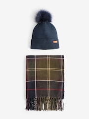 Barbour® Navy Dover Pom Beanie And Hailes Check Scarf Boxed Gift Set - Image 2 of 7