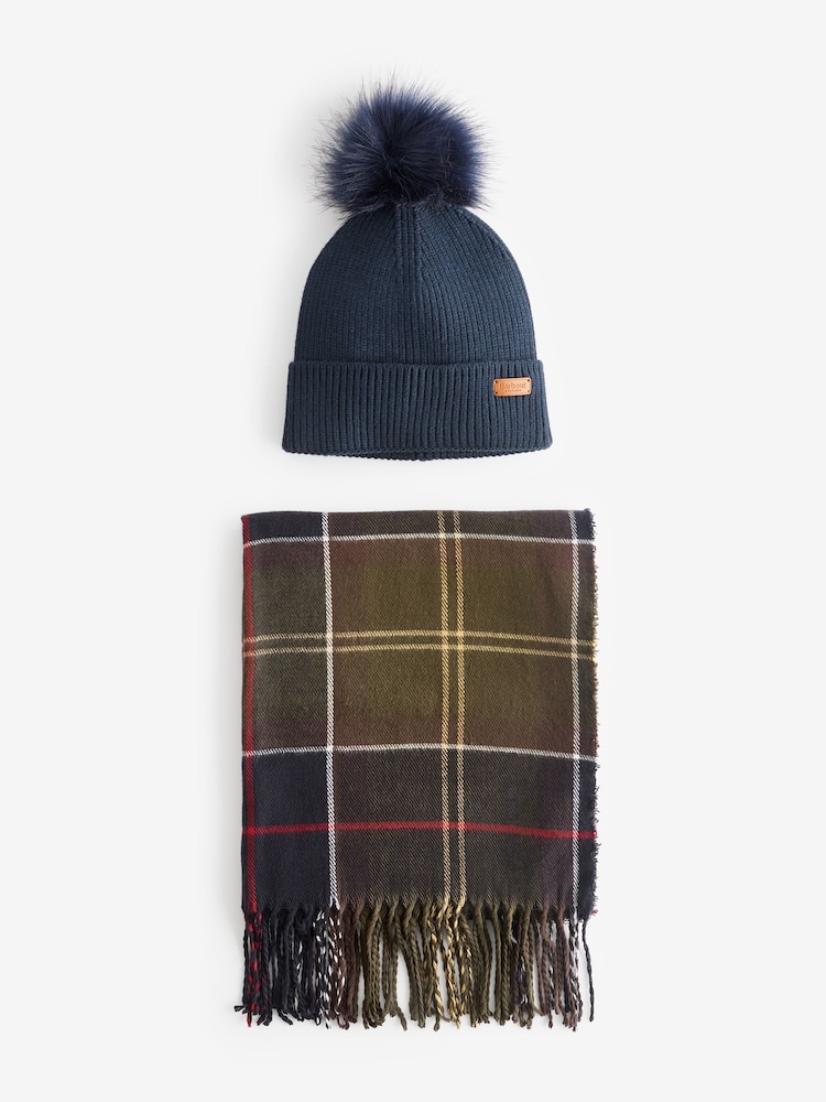 Barbour® Navy Dover Pom Beanie And Hailes Check Scarf Boxed Gift Set - Image 2 of 7 Barbour® Navy Dover Pom Beanie And Hailes Check Scarf Boxed Gift Set - Image 2 of 7