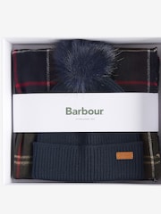 Barbour® Navy Dover Pom Beanie And Hailes Check Scarf Boxed Gift Set - Image 5 of 7