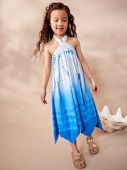 Blau/Weiß Echte Knüpfbatik - Jersey-Kleid mit Neckholder (3 bis 16 Jahre) - Bild 1 von 8