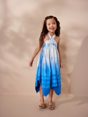 Blau/Weiß Echte Knüpfbatik - Jersey-Kleid mit Neckholder (3 bis 16 Jahre) - Bild 2 von 8