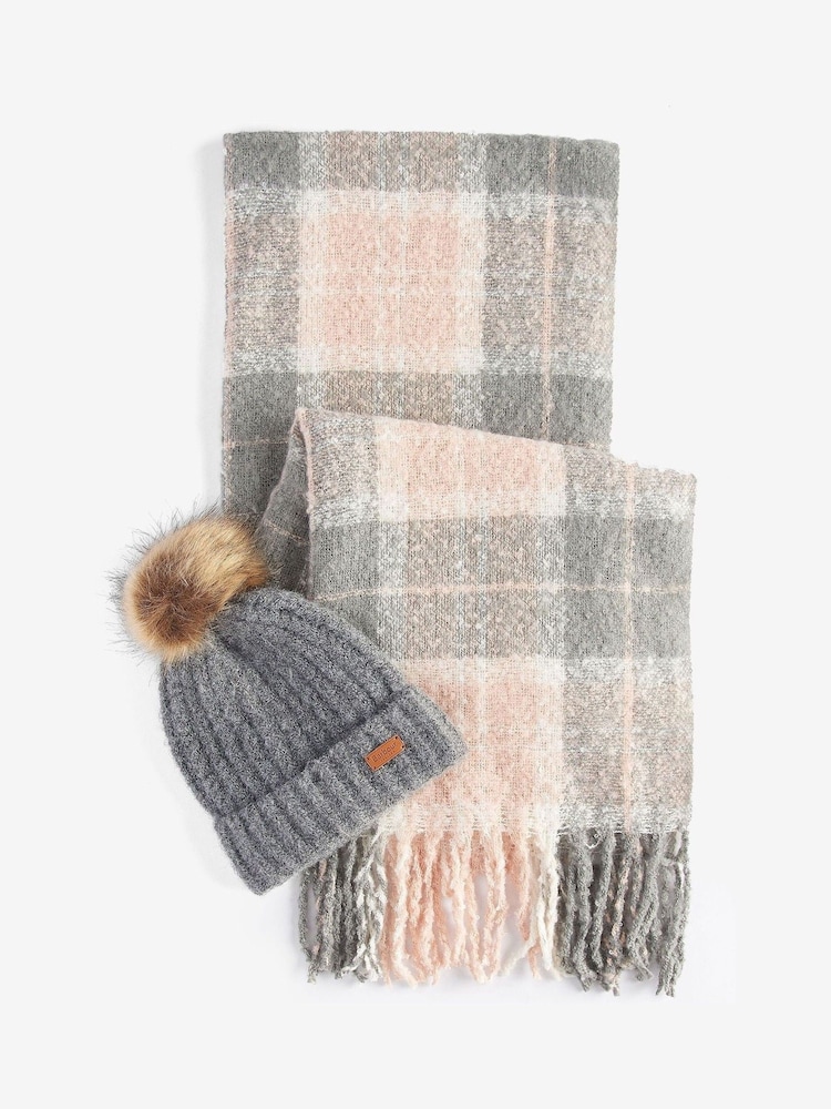 Barbour® Grey Saltburn Knit Beanie Hat and Chunky Tartan Scarf Boxed Gift Set - Image 1 of 6 Barbour® Grey Saltburn Knit Beanie Hat and Chunky Tartan Scarf Boxed Gift Set - Image 1 of 6