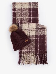 Barbour® Burgundy Red Saltburn Knit Beanie Hat and Chunky Tartan Scarf Boxed Gift Set - Image 1 of 4