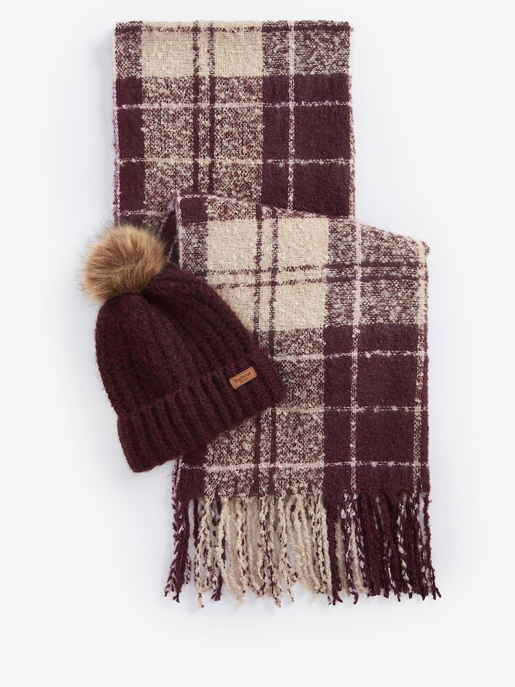 Barbour® Burgundy Red Saltburn Knit Beanie Hat and Chunky Tartan Scarf Boxed Gift Set - Image 1 of 4