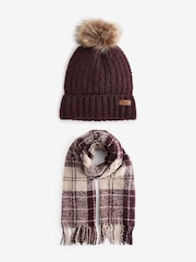 Barbour® Burgundy Red Saltburn Knit Beanie Hat and Chunky Tartan Scarf Boxed Gift Set - Image 2 of 4